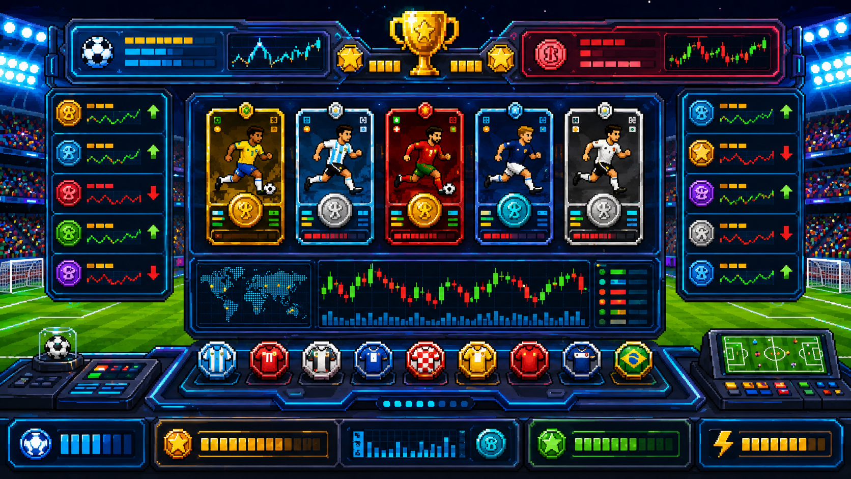 Pixel art arcade trading dashboard for World Cup on Base